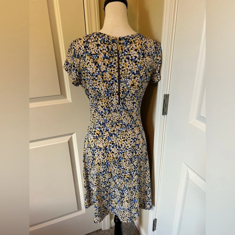 Michael Kors Floral Blue, yellow, gold short sleeve Midi Dress
